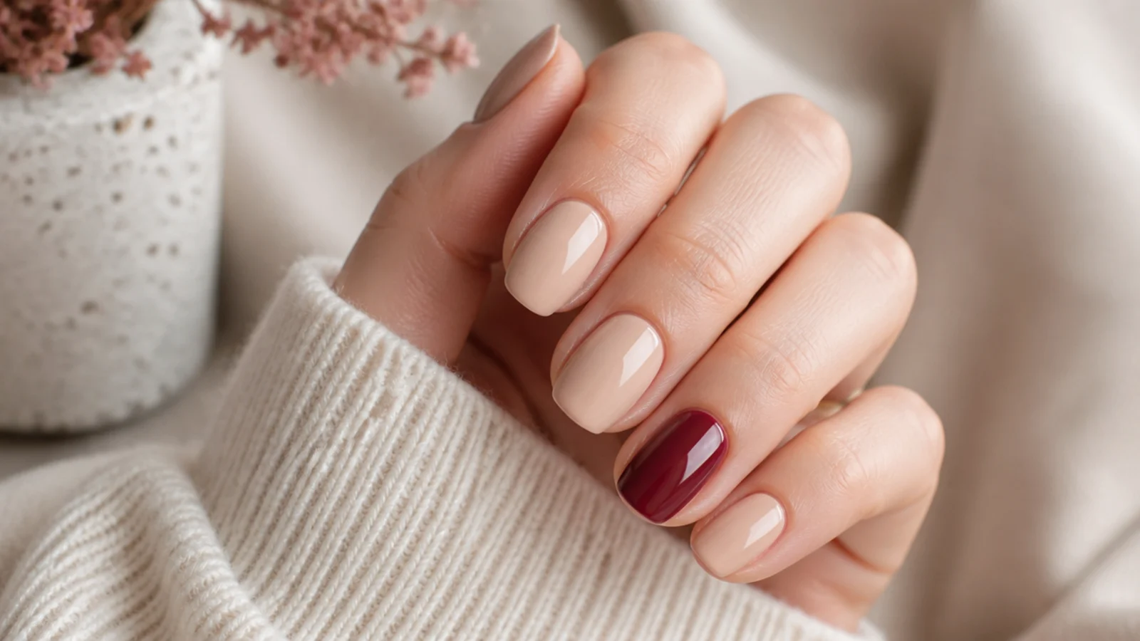 Nude beige nails with one deep burgundy accent nail on the ring finger