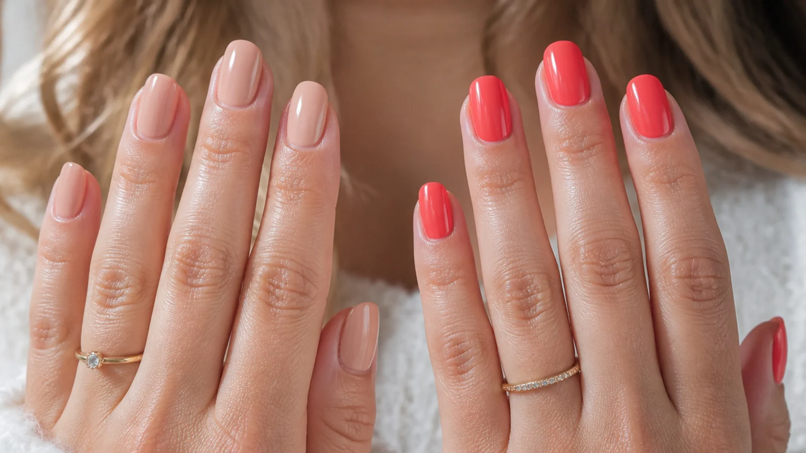 Hand comparison showing a skin matched nude manicure next to a bright contrasting shade on the same nails