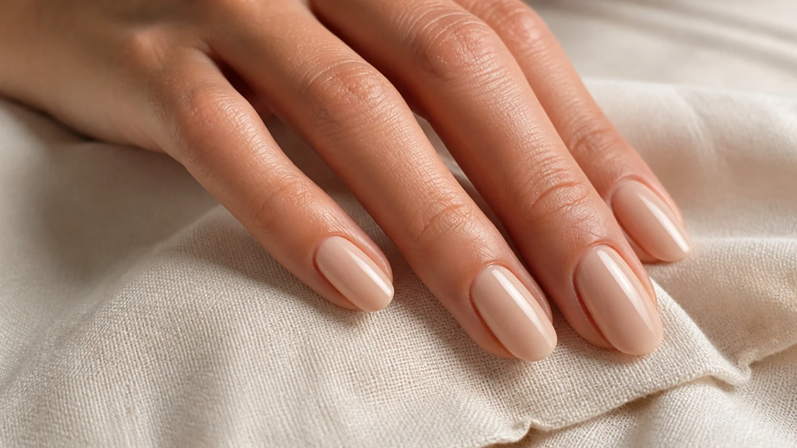 Short almond nude nails in a milky beige gel with high gloss resting on a cream linen napkin
