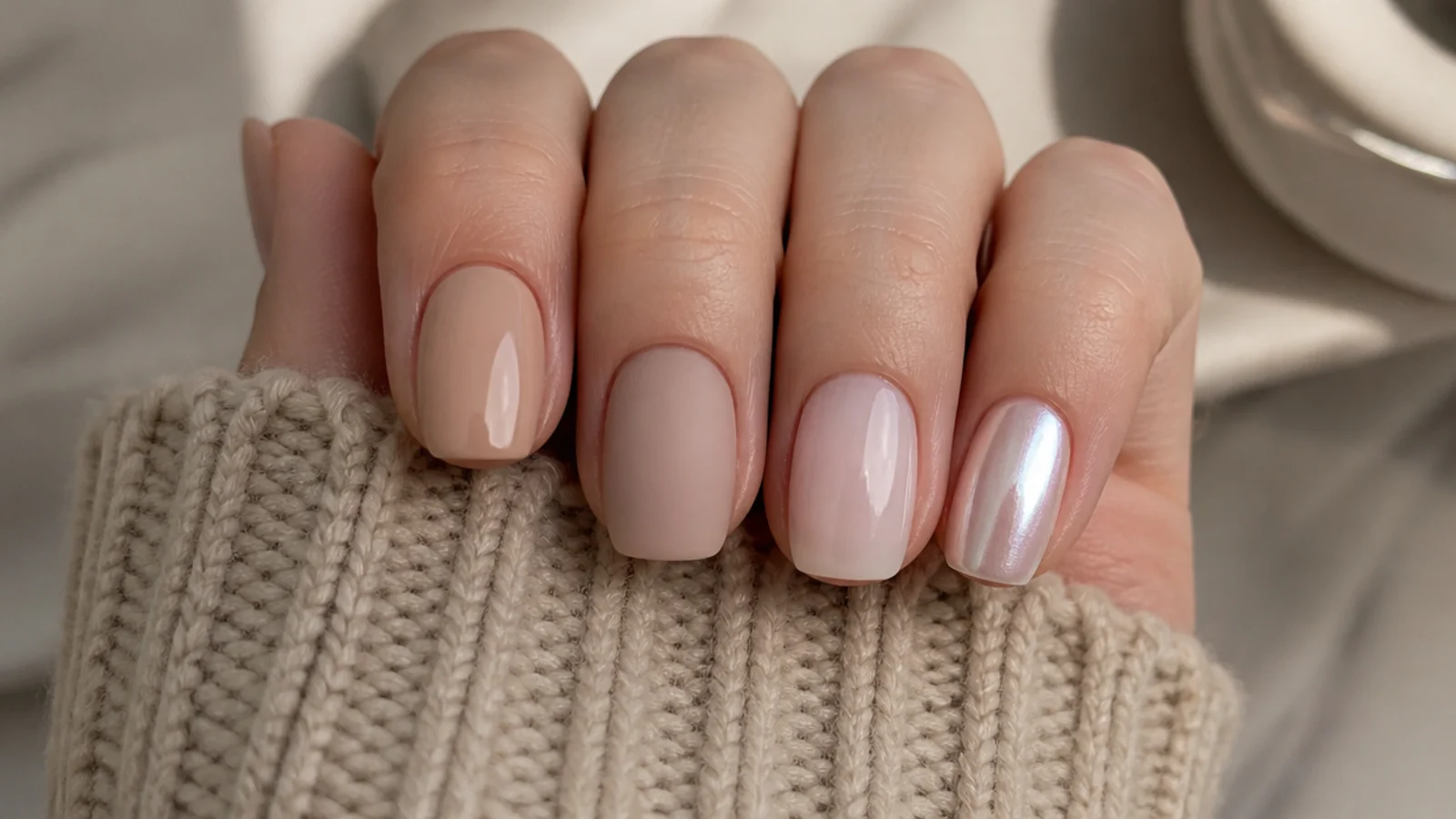 Four nude nail swatches showing glossy, matte, milky sheer and pearl chrome finishes side by side