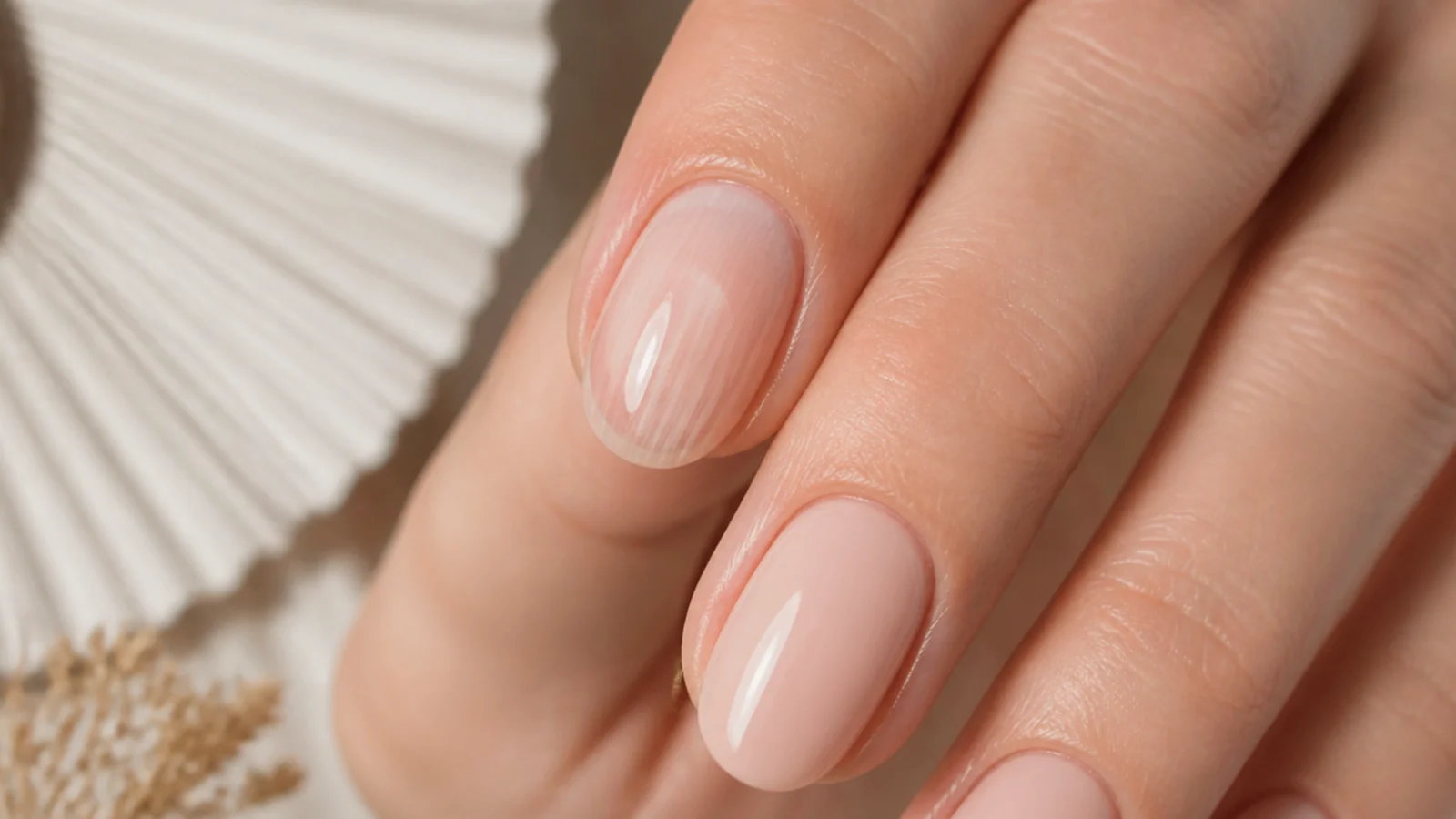 Close up of a streaky sheer nude manicure next to a smooth evenly applied nude nail