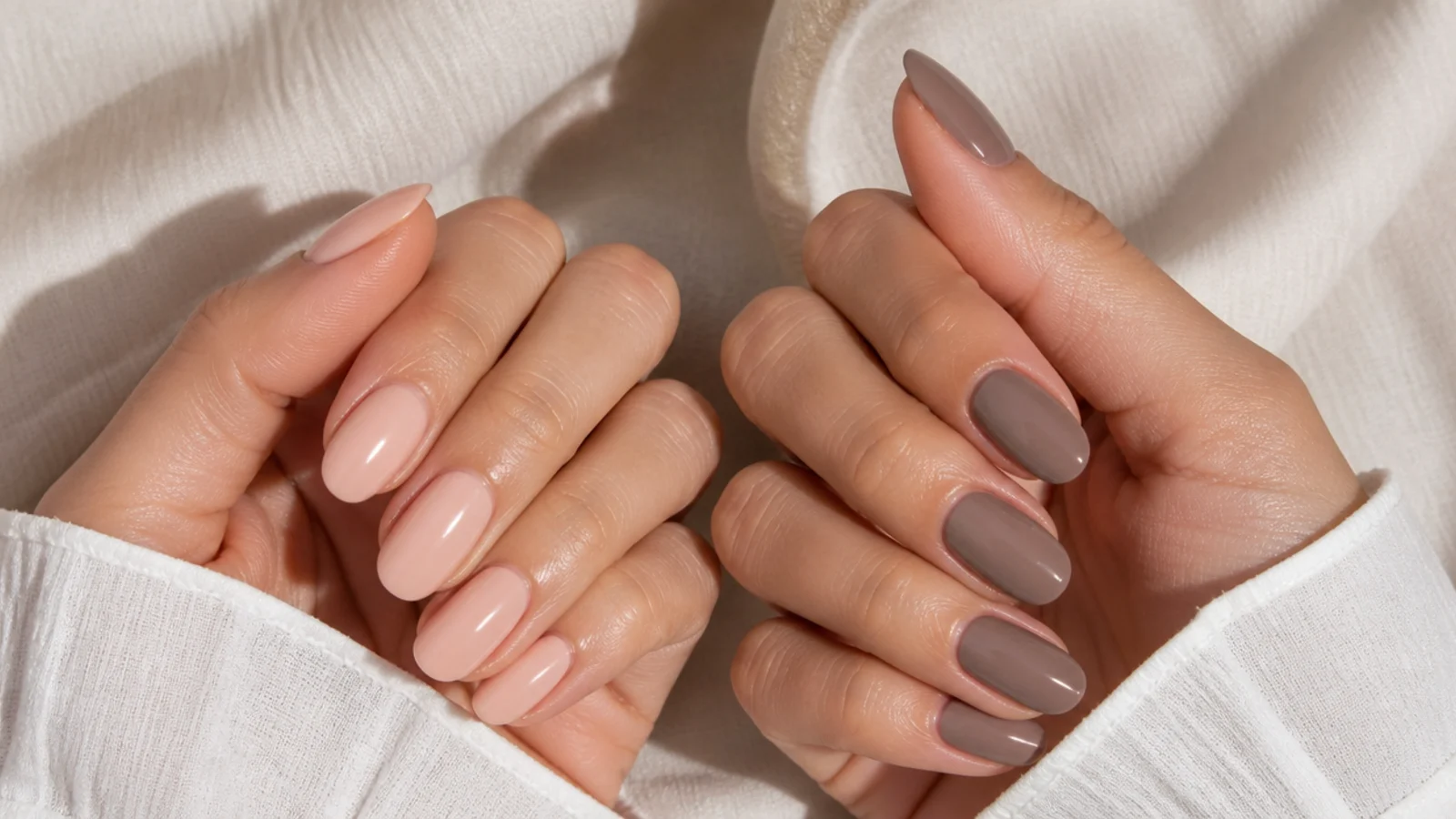 Two hands compared side by side showing skin matched nude nails next to gray taupe neutral nails