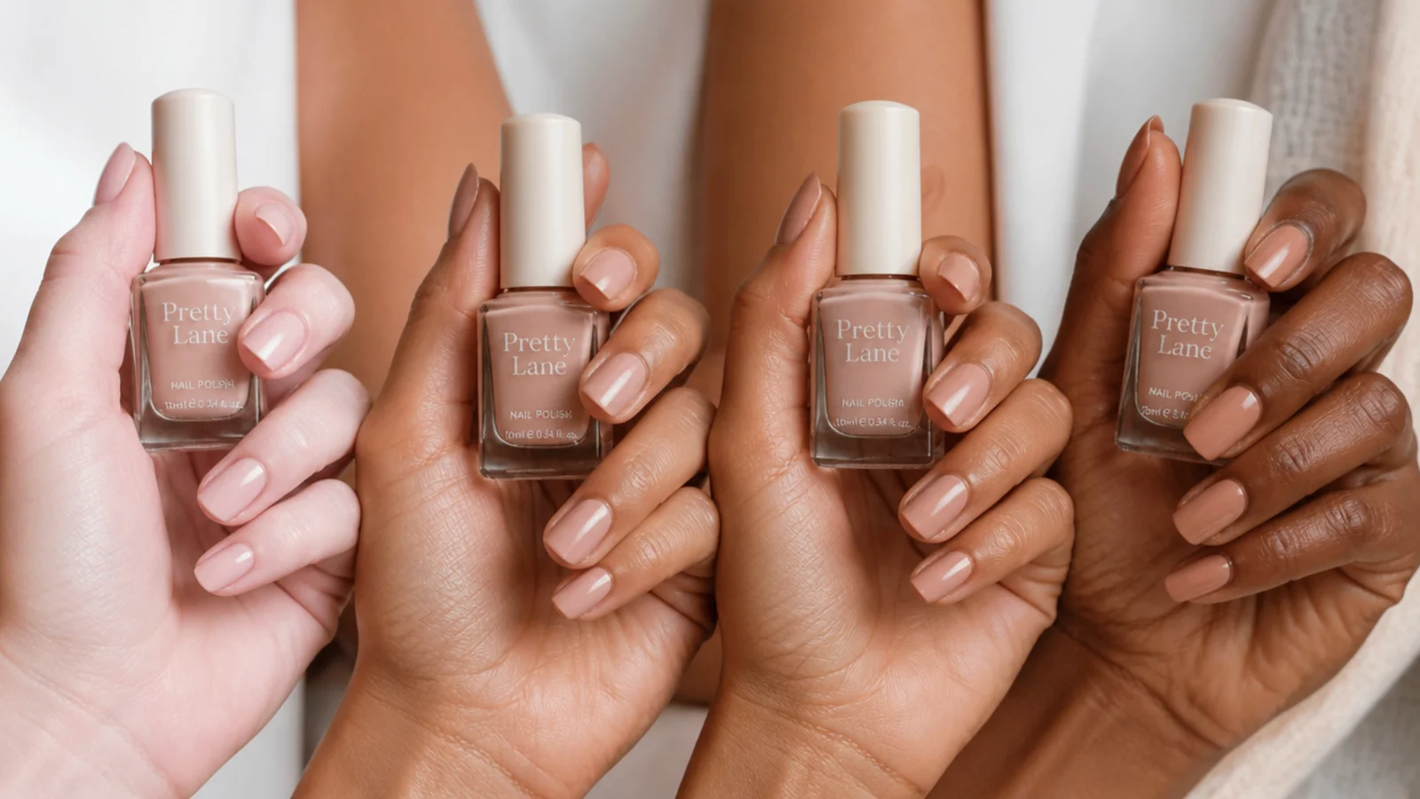 Four nude polish bottles held against fair, medium, olive and deep skin tones for undertone matching