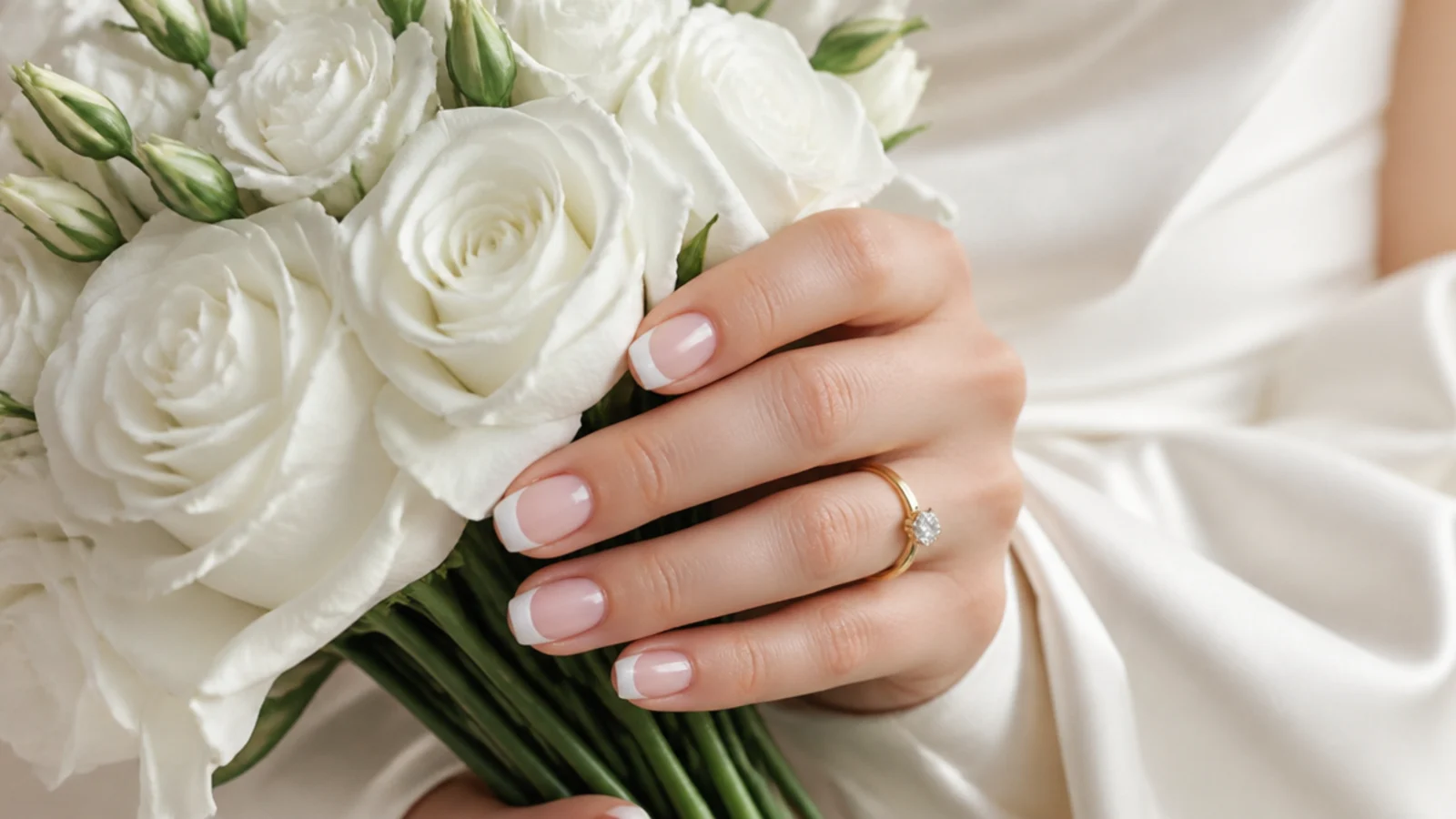 Bridal hand in a nude French manicure holding a white bouquet against an ivory dress