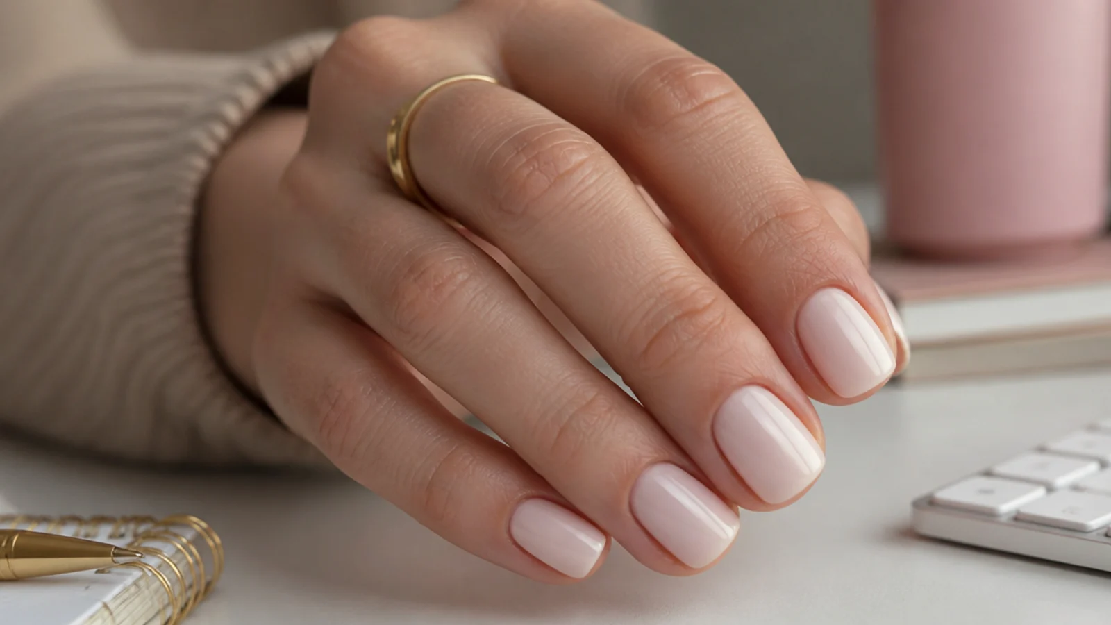 Short squoval nails in sheer milky nude gel with a glossy finish on an office desk