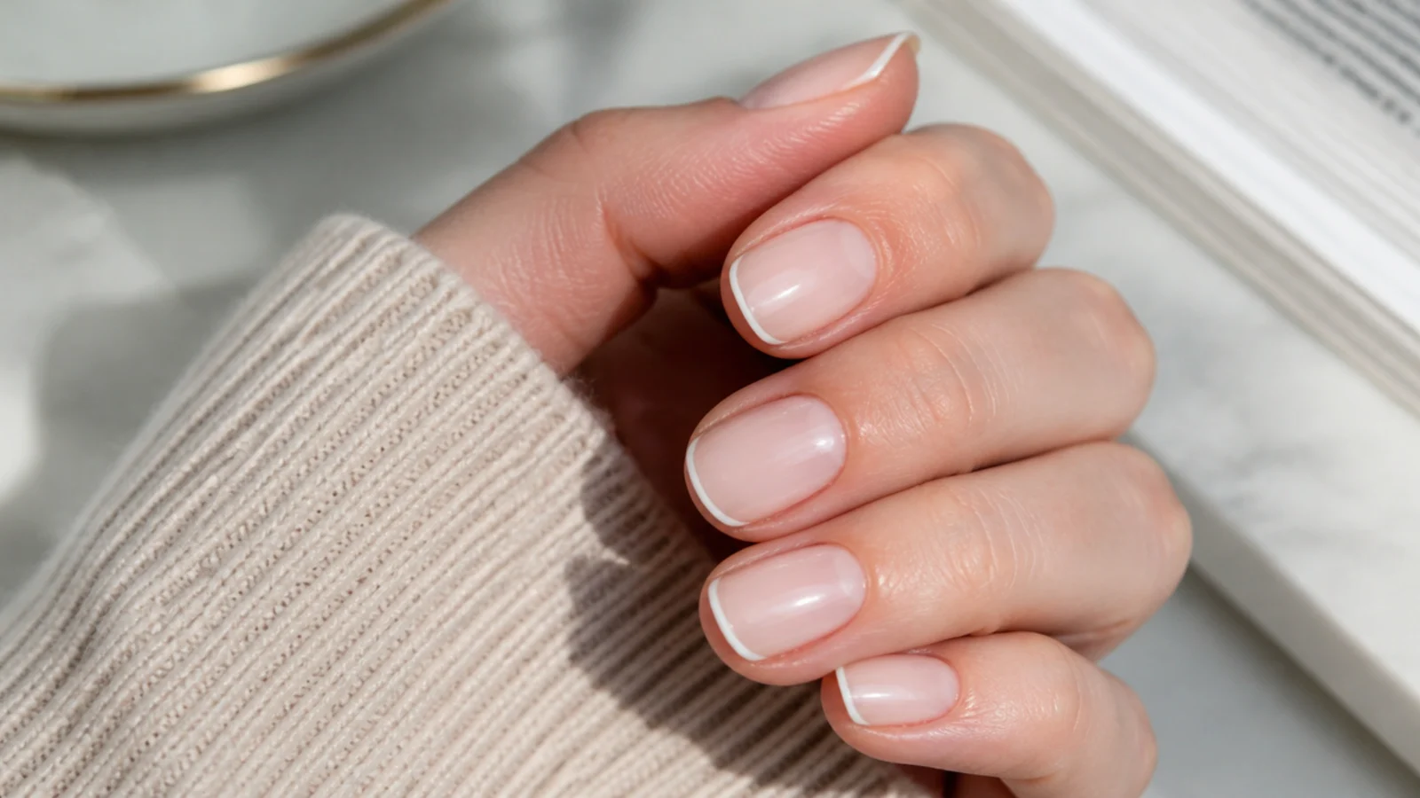 Short office nails with a hairline white micro French tip over a bare nude base