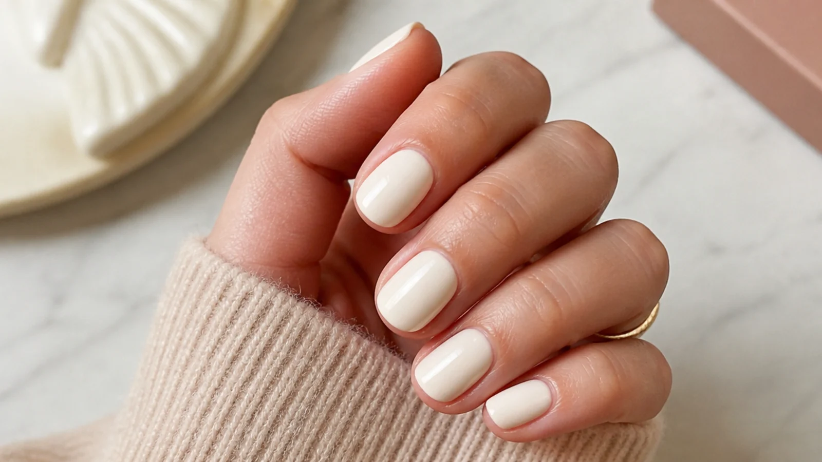 Short oval nails in opaque creamy ivory gel with a high shine finish