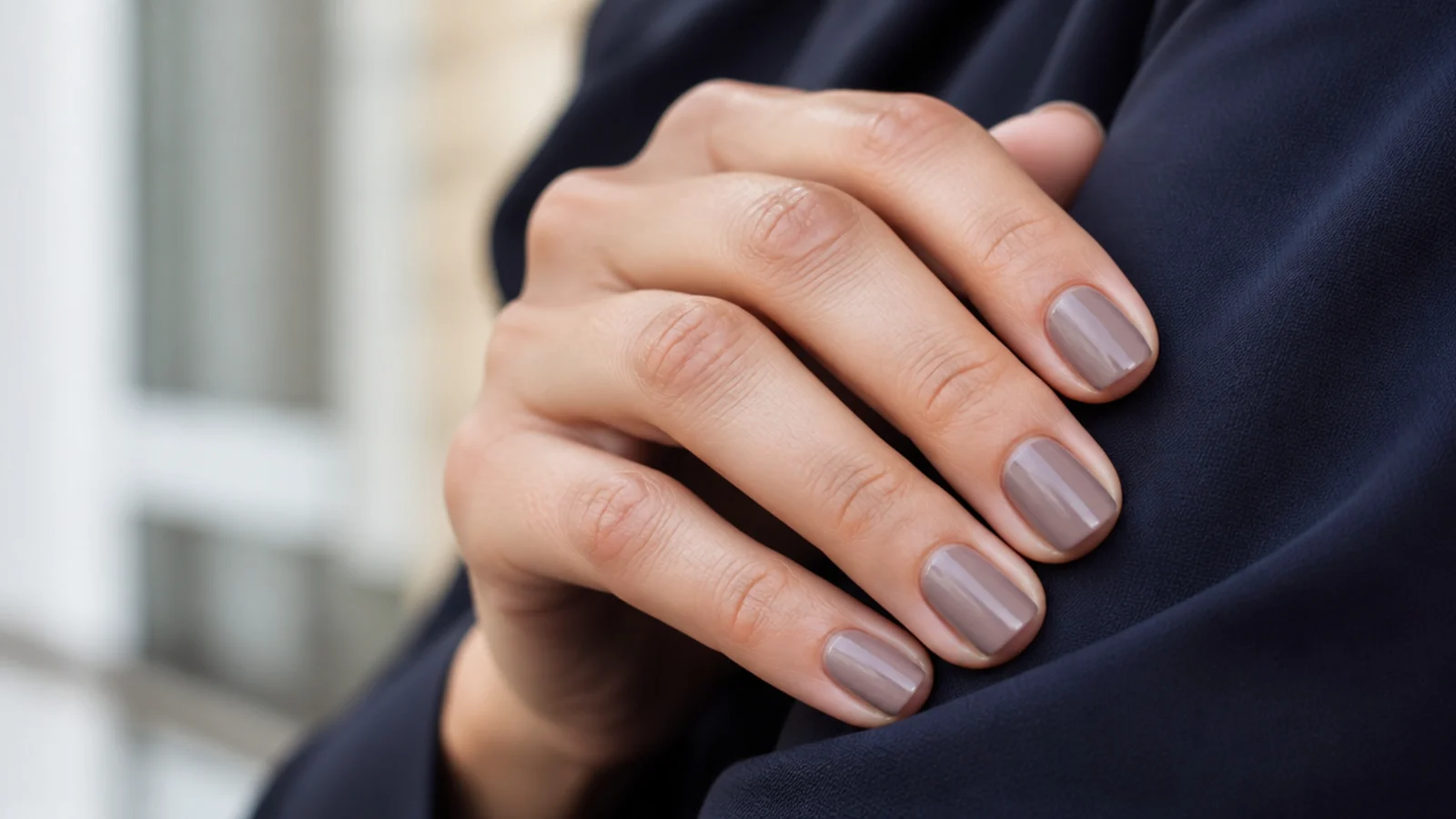 Short squoval nails in muted gray taupe polish against a navy suit sleeve