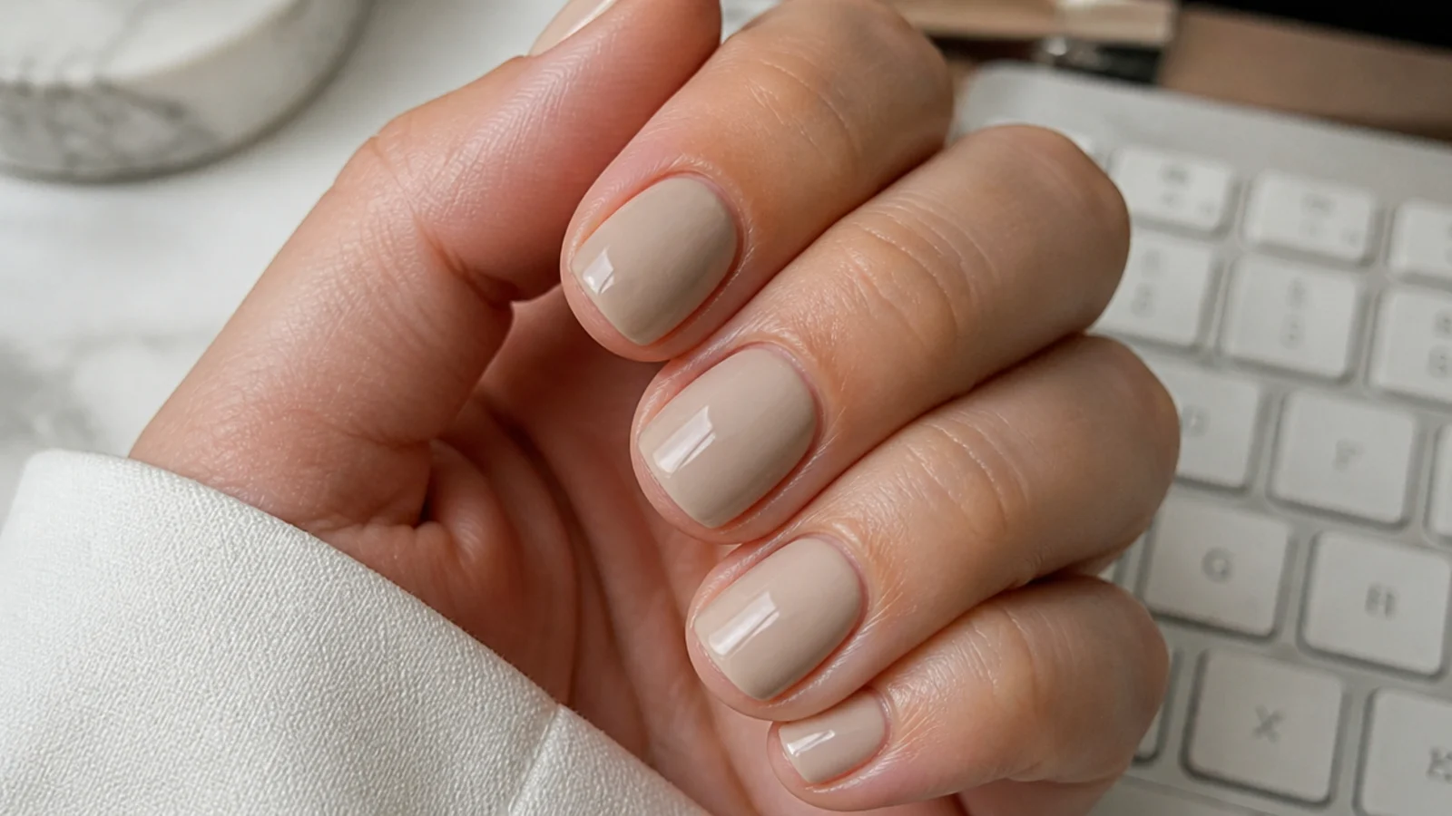 Short beige nails with a mirror-like glossy top coat under office lighting