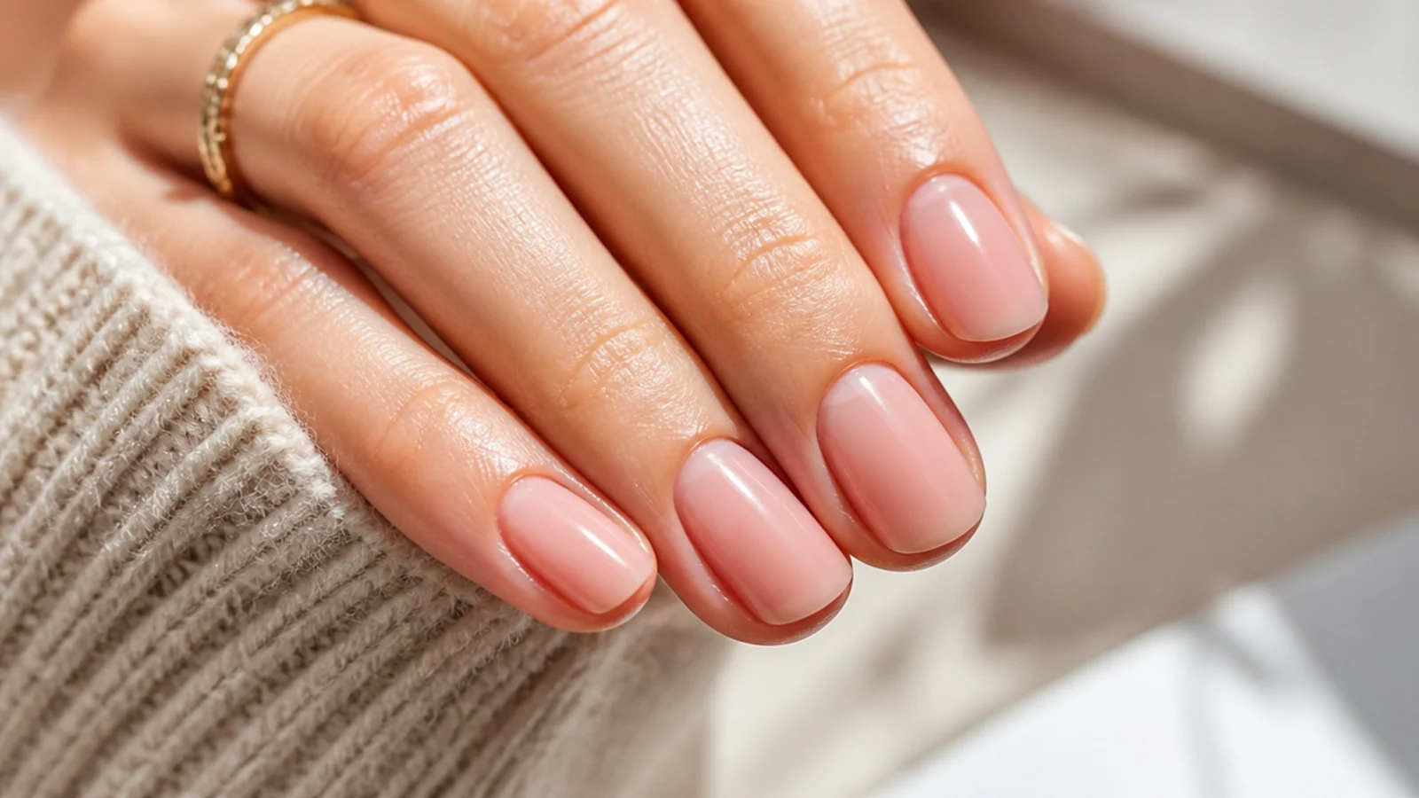 Short round nails in sheer blush pink polish showing the natural nail through the color