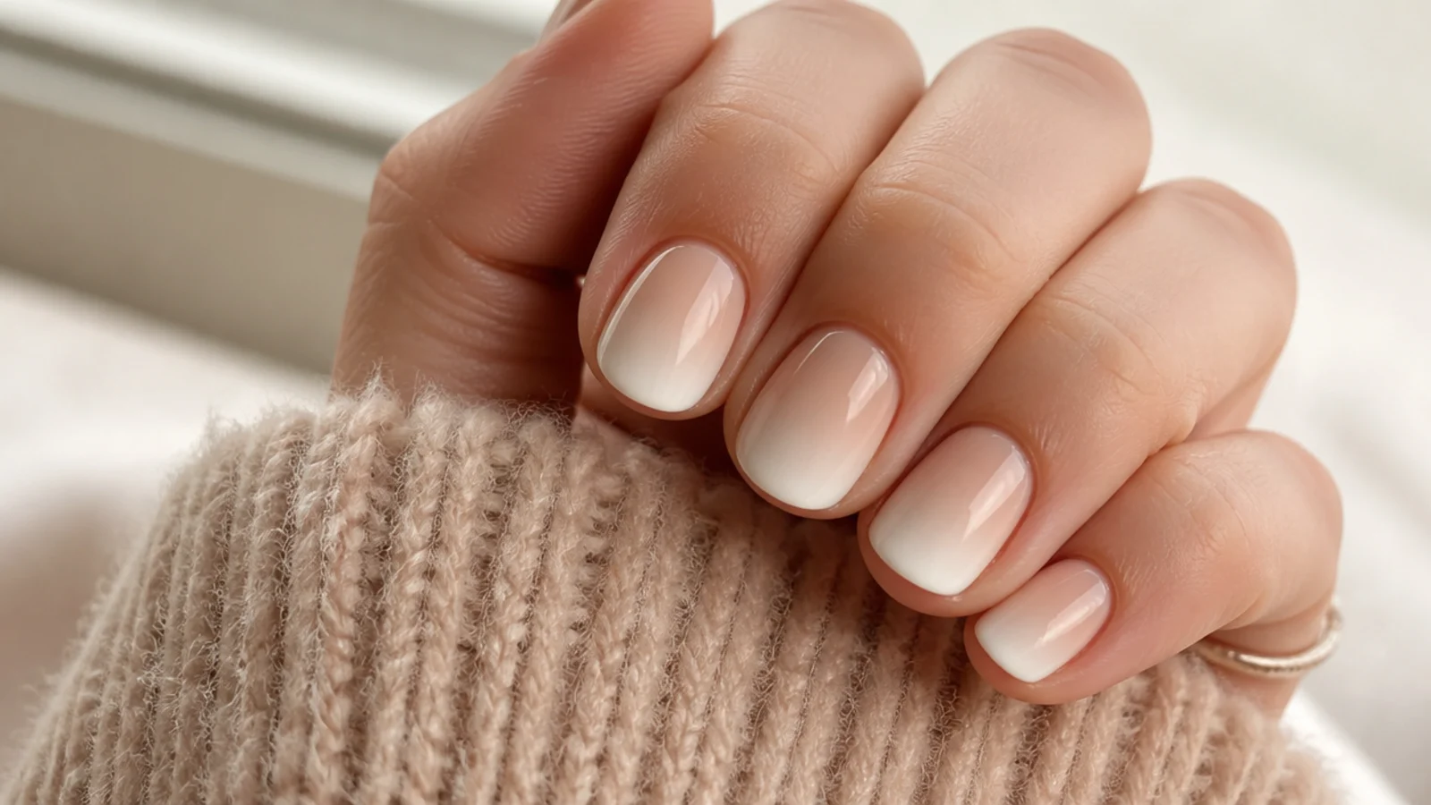 Short nails with a soft latte to cream ombre fade from cuticle to tip