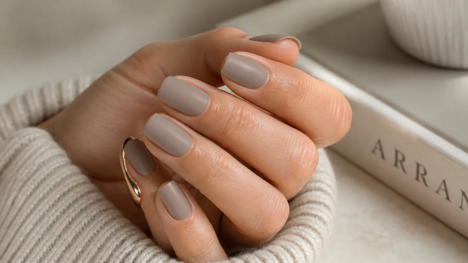 Short squoval nails in greige with a soft velvety matte top coat