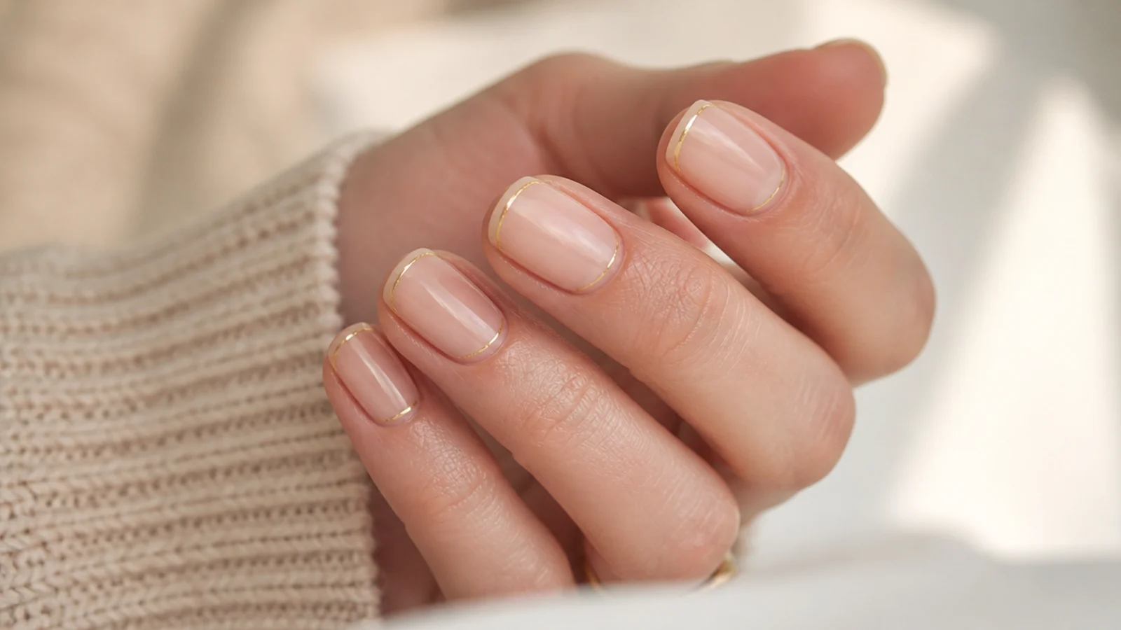 Short nude nails with a thin gold micro French line along each free edge