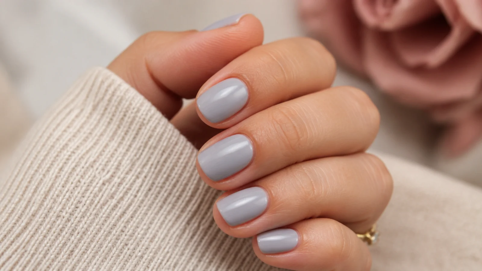Short oval nails in soft dove gray polish with a glossy top coat