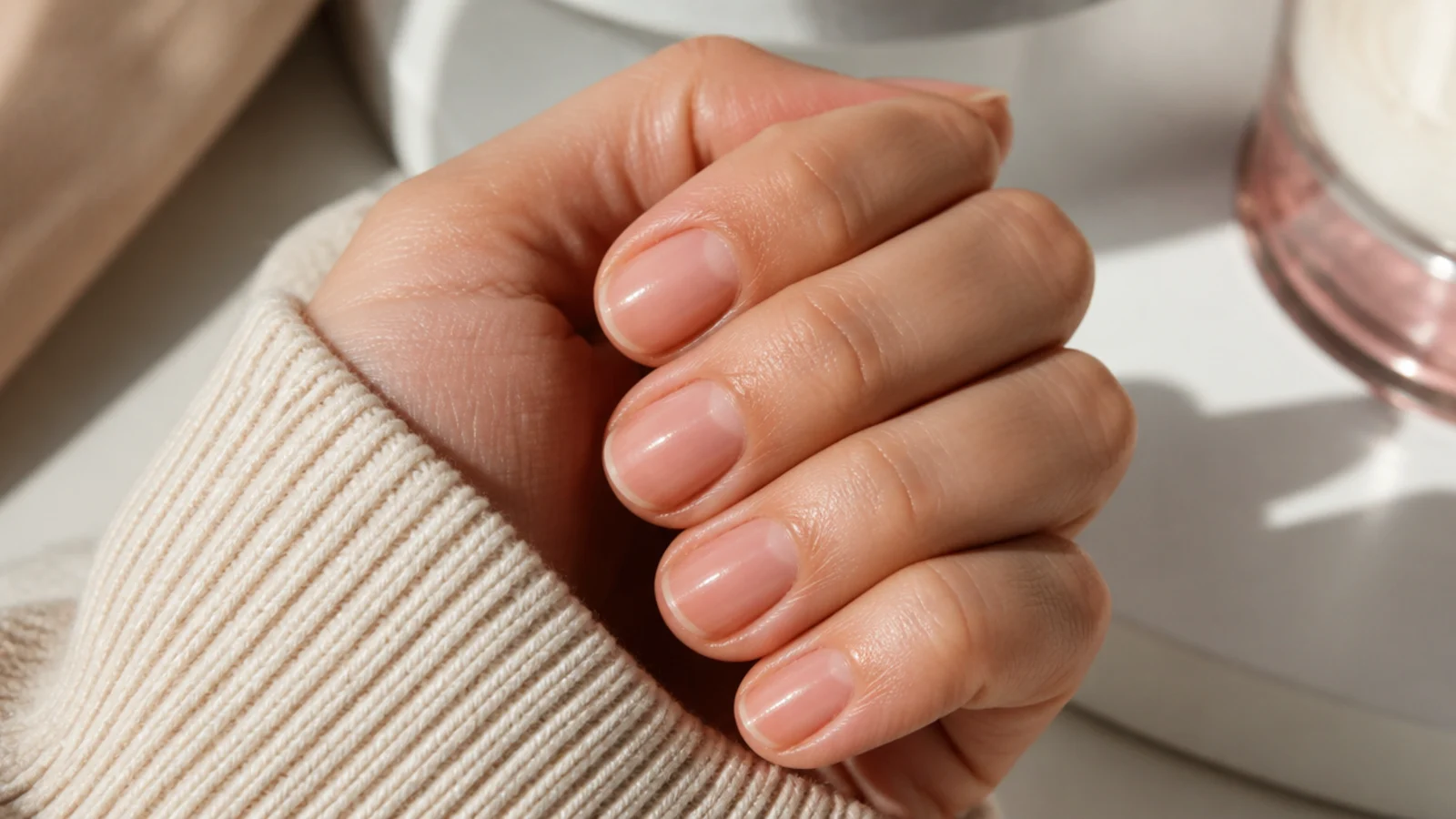 Very short bare nails buffed to a natural shine with tidy cuticles and no polish