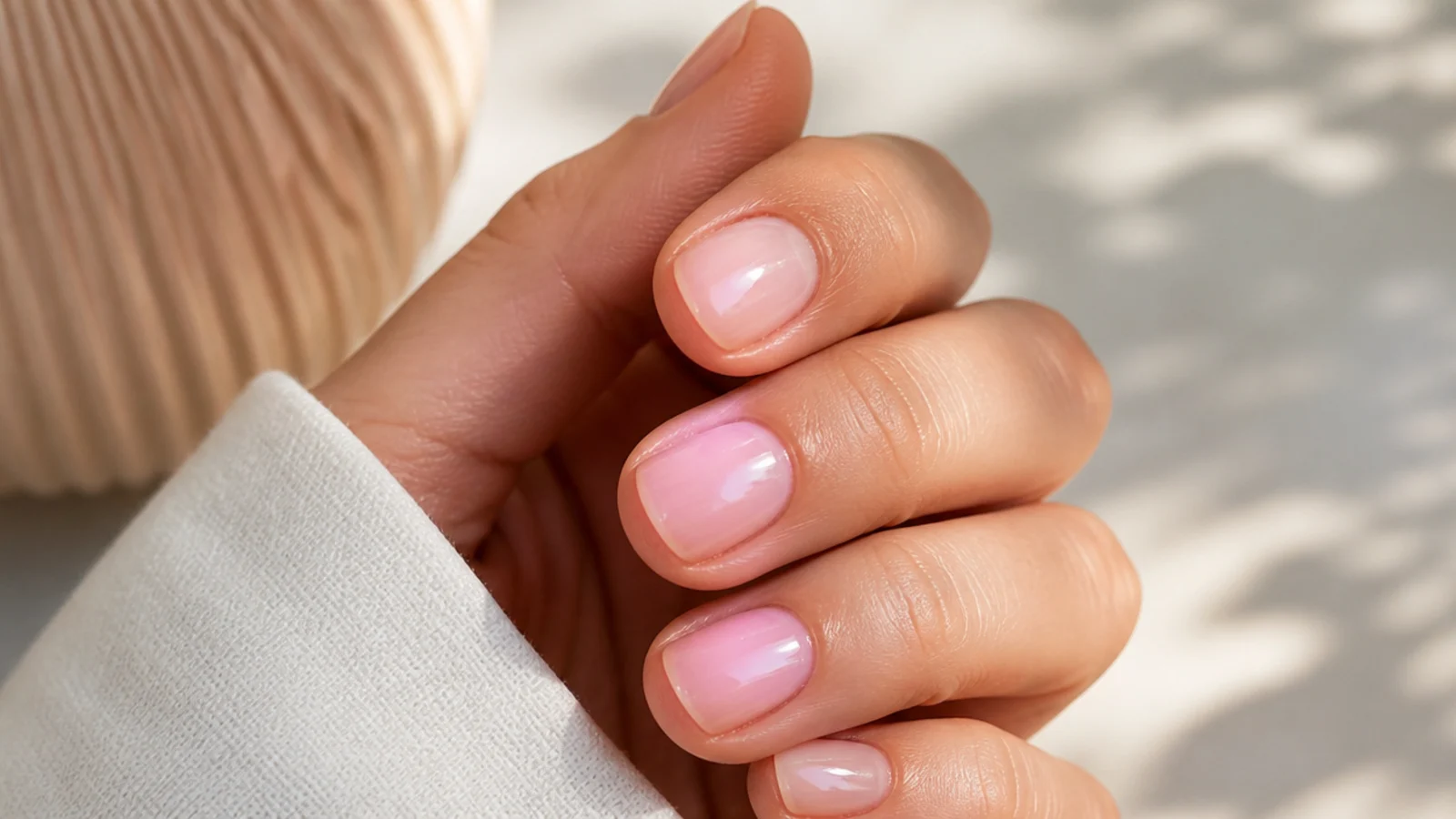 Ultra short round nails in a barely there sheer pink with no visible free edge