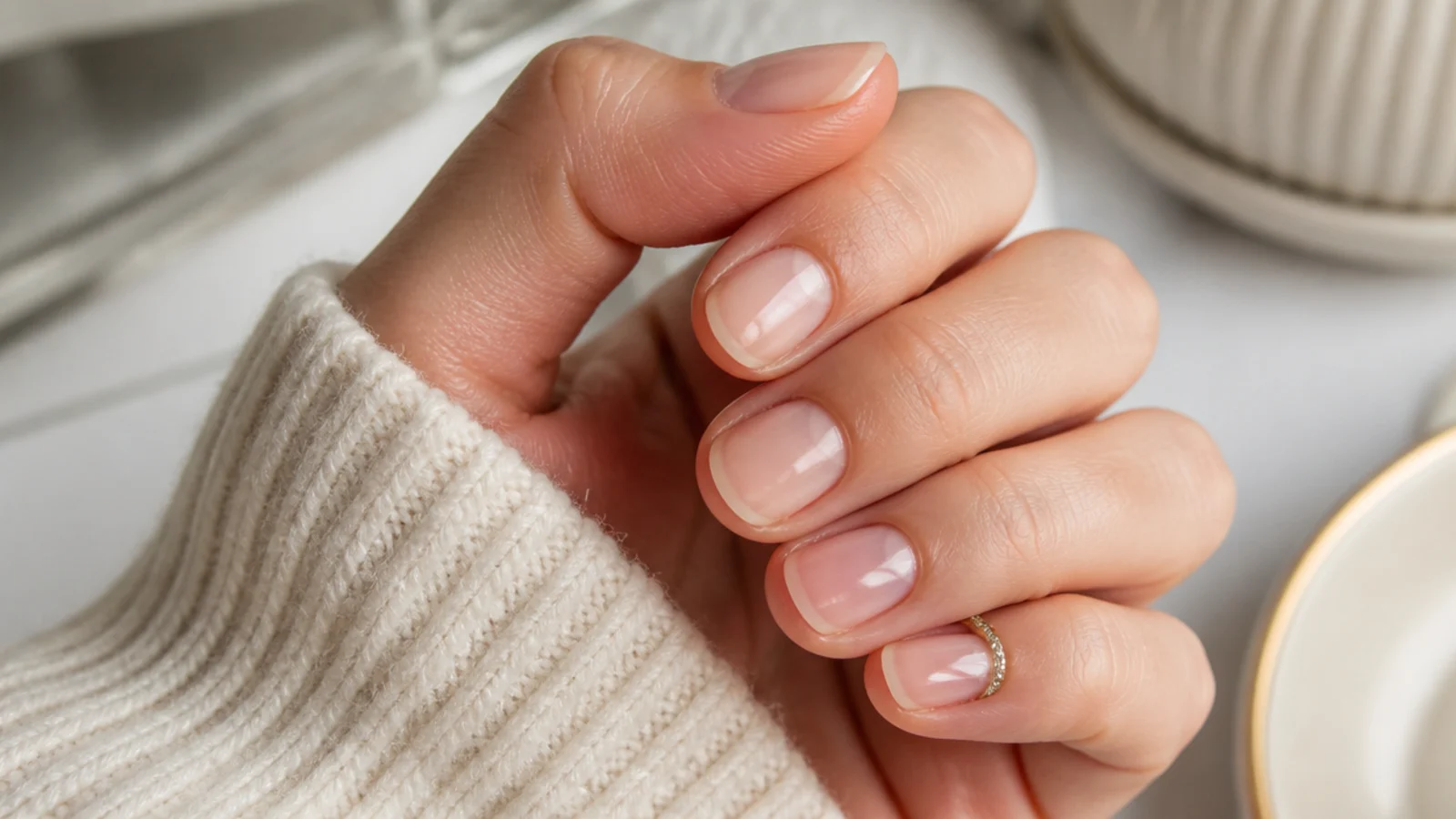 Short natural nails with a clear gel overlay giving a strong glassy shine and no color