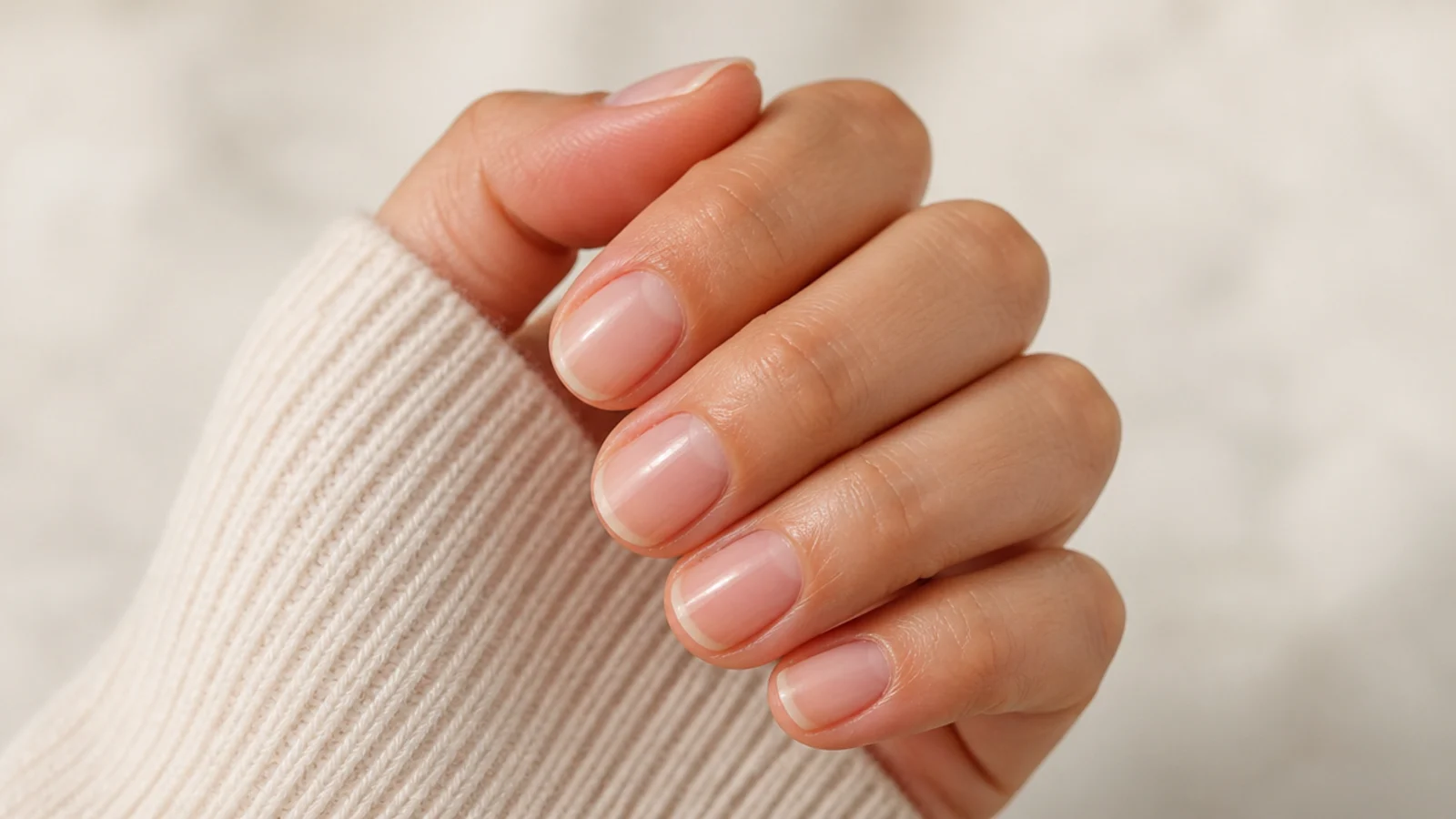 Short nails with a single thin coat of nude polish showing the natural nail line beneath