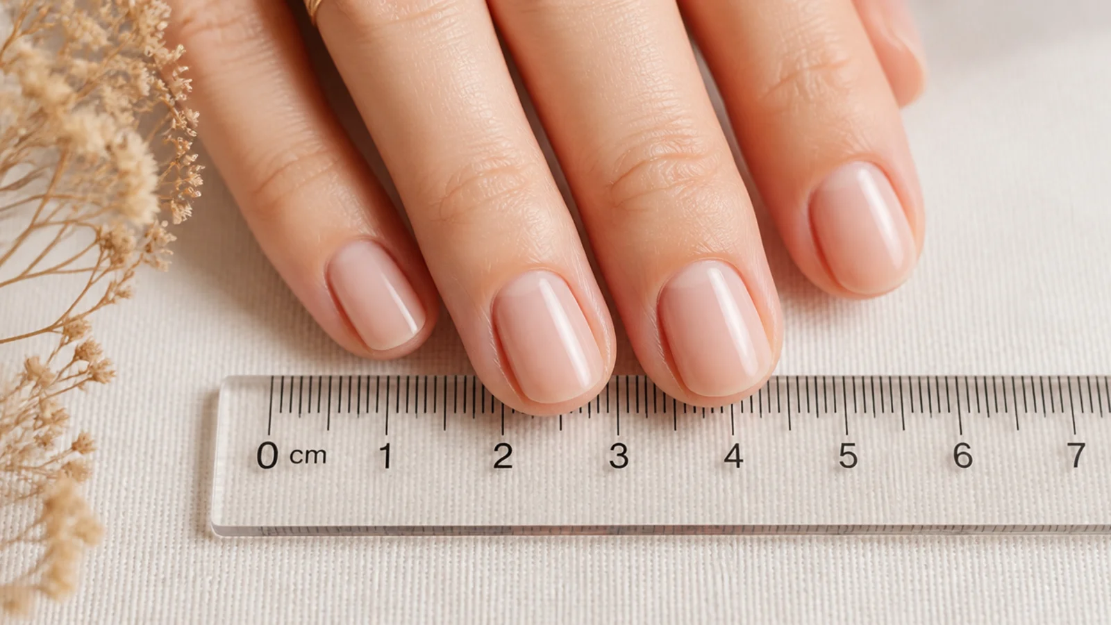 Short nude nails measured at under three millimeters of free edge beside a ruler