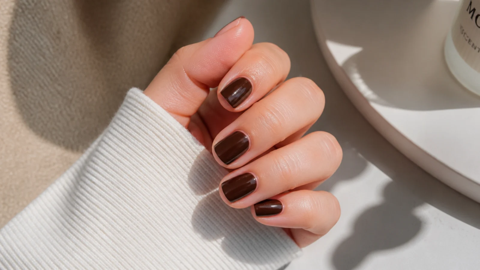 Short round nails in deep espresso brown gel with a glossy finish