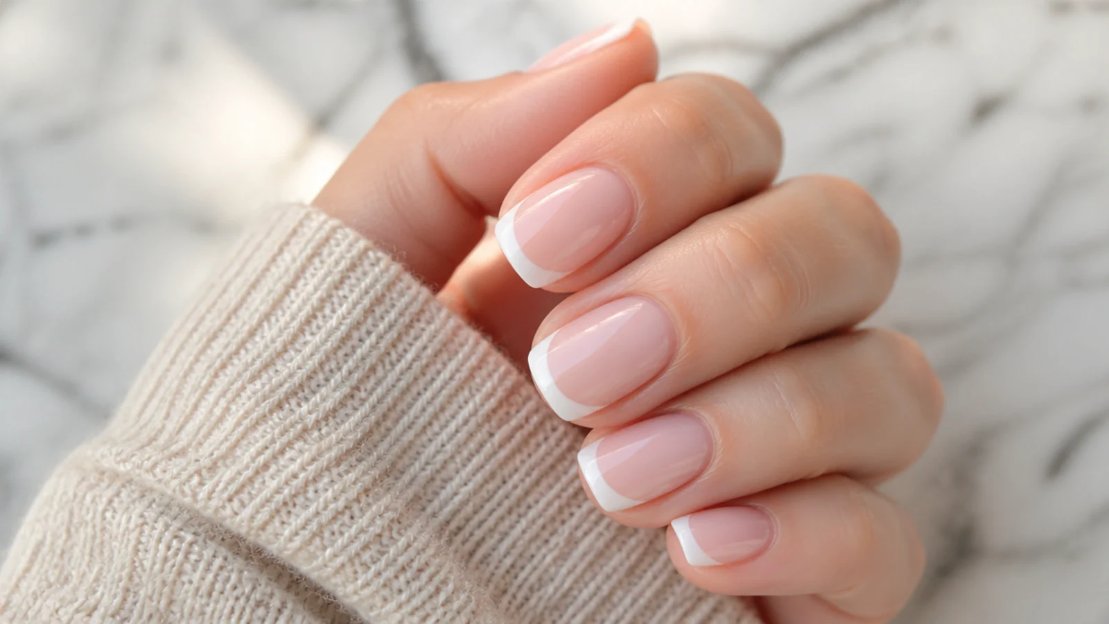 Short squoval nails with crisp white French tips on a sheer pink base
