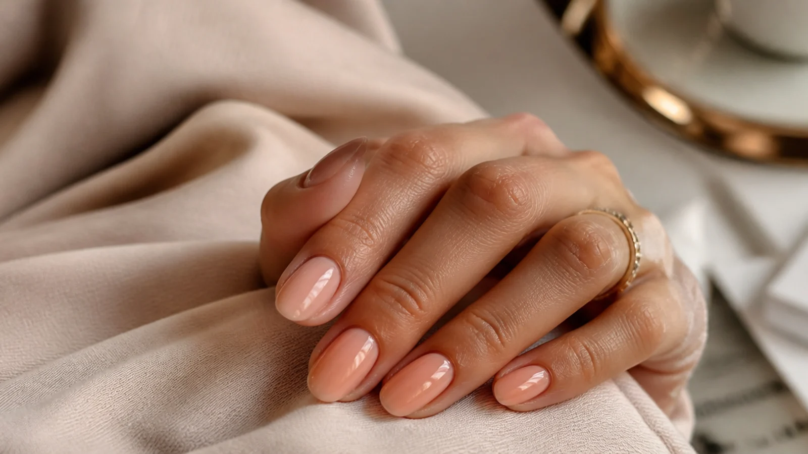 Short almond shaped nails in a warm peachy nude with a soft gloss finish