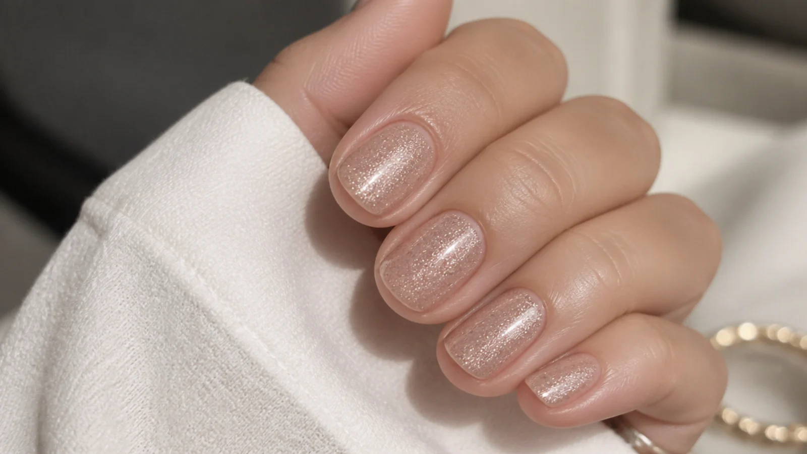 Short nails in a champagne nude with fine micro glitter suspended in the polish
