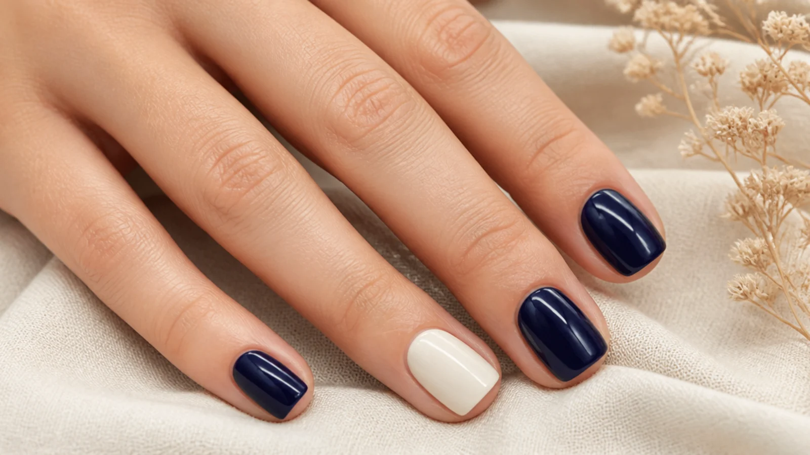 Short squoval nails in deep navy with one cream accent nail on the ring finger