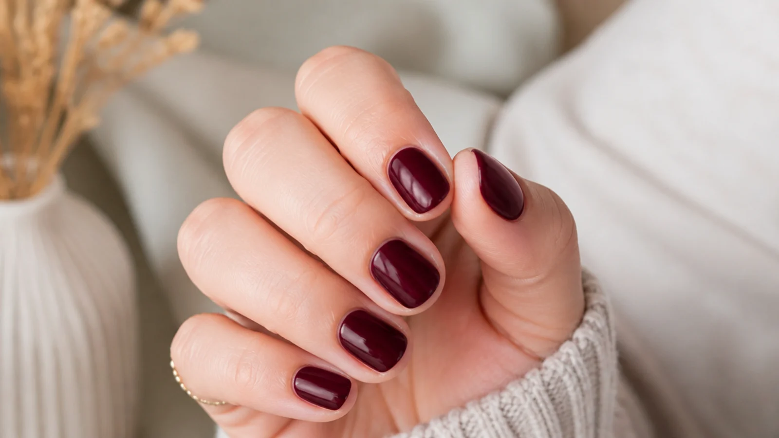 Short round nails in deep burgundy gel with a high gloss finish