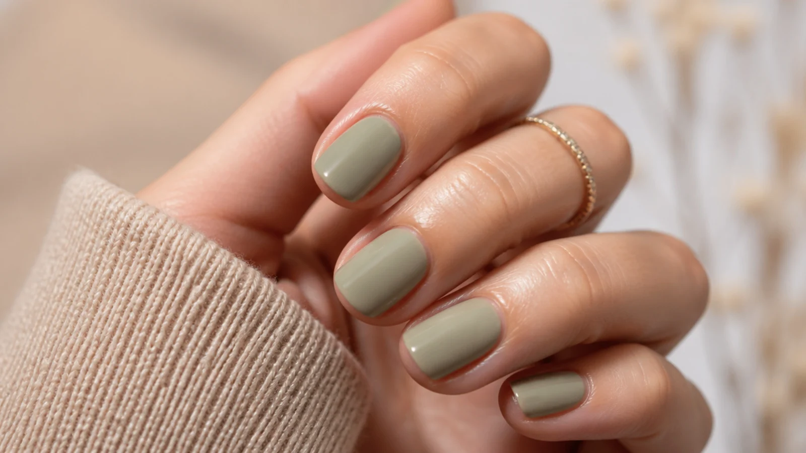 Short squoval nails in a muted olive beige with a soft satin finish