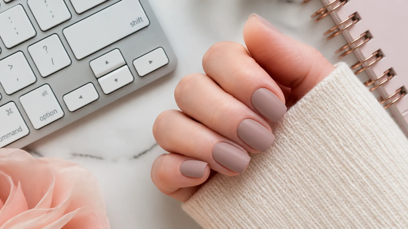 Short squoval nails in a velvety matte nude resting beside a keyboard and notebook