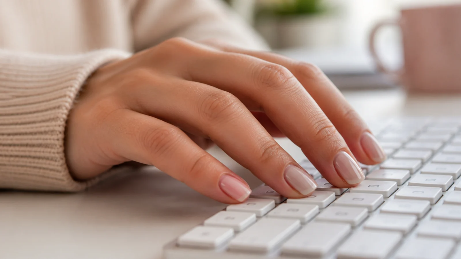 Short neutral acrylic nails filed to a squoval shape typing on an office keyboard
