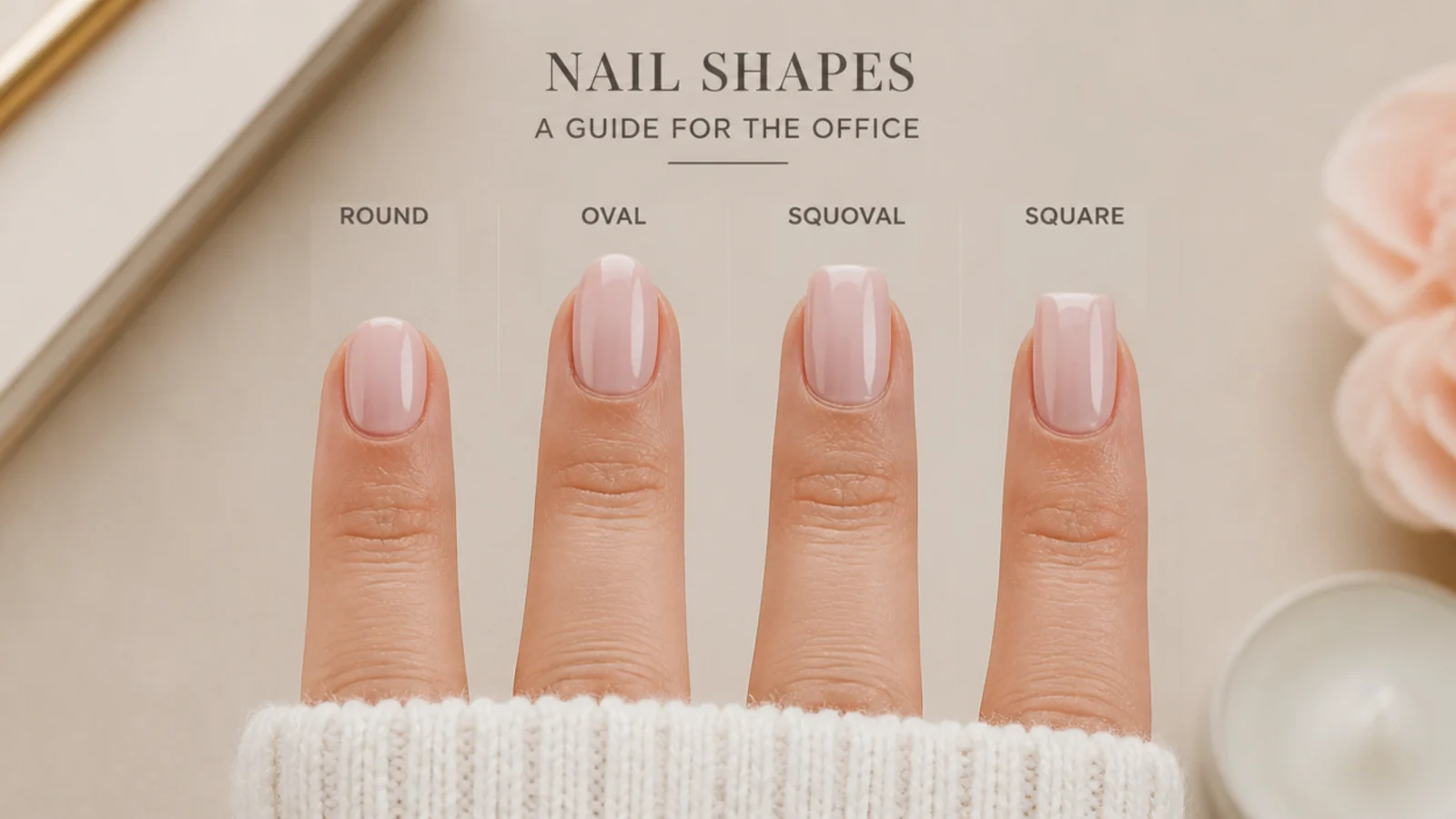 Four nail shapes compared for office work, showing round, oval, squoval and square edges
