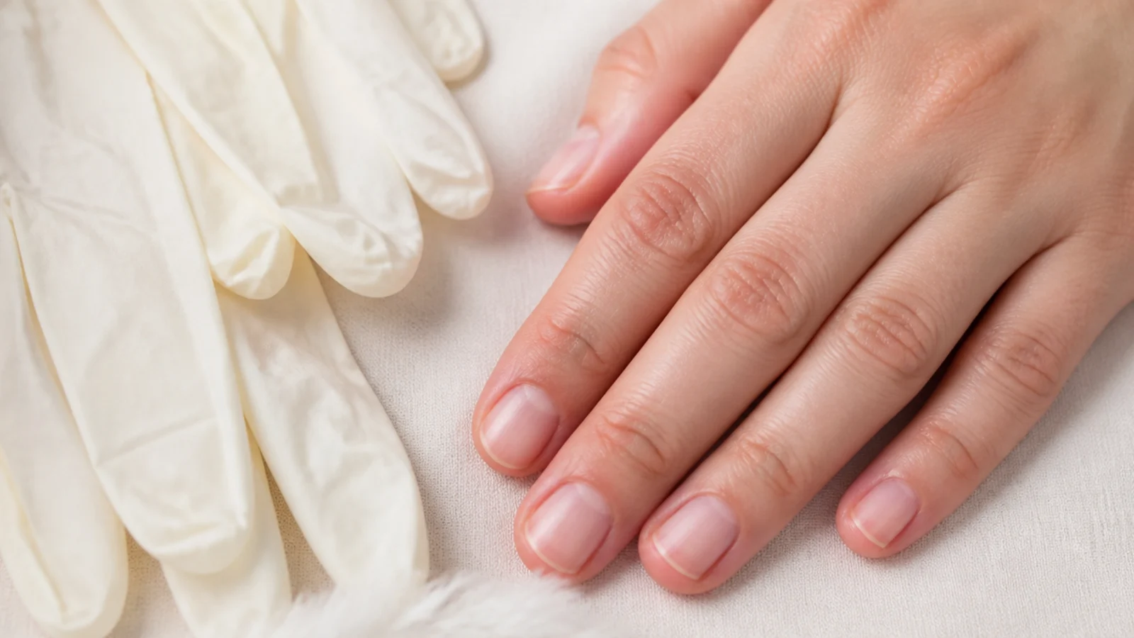 Very short bare buffed nails with tidy cuticles beside a pair of medical gloves