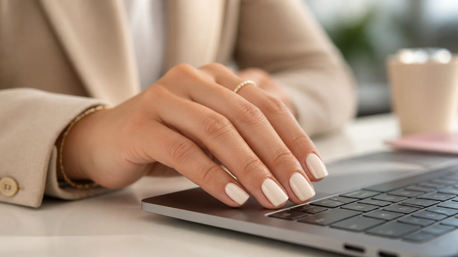 Short squoval nails in creamy ivory gel resting on a laptop keyboard at an office desk