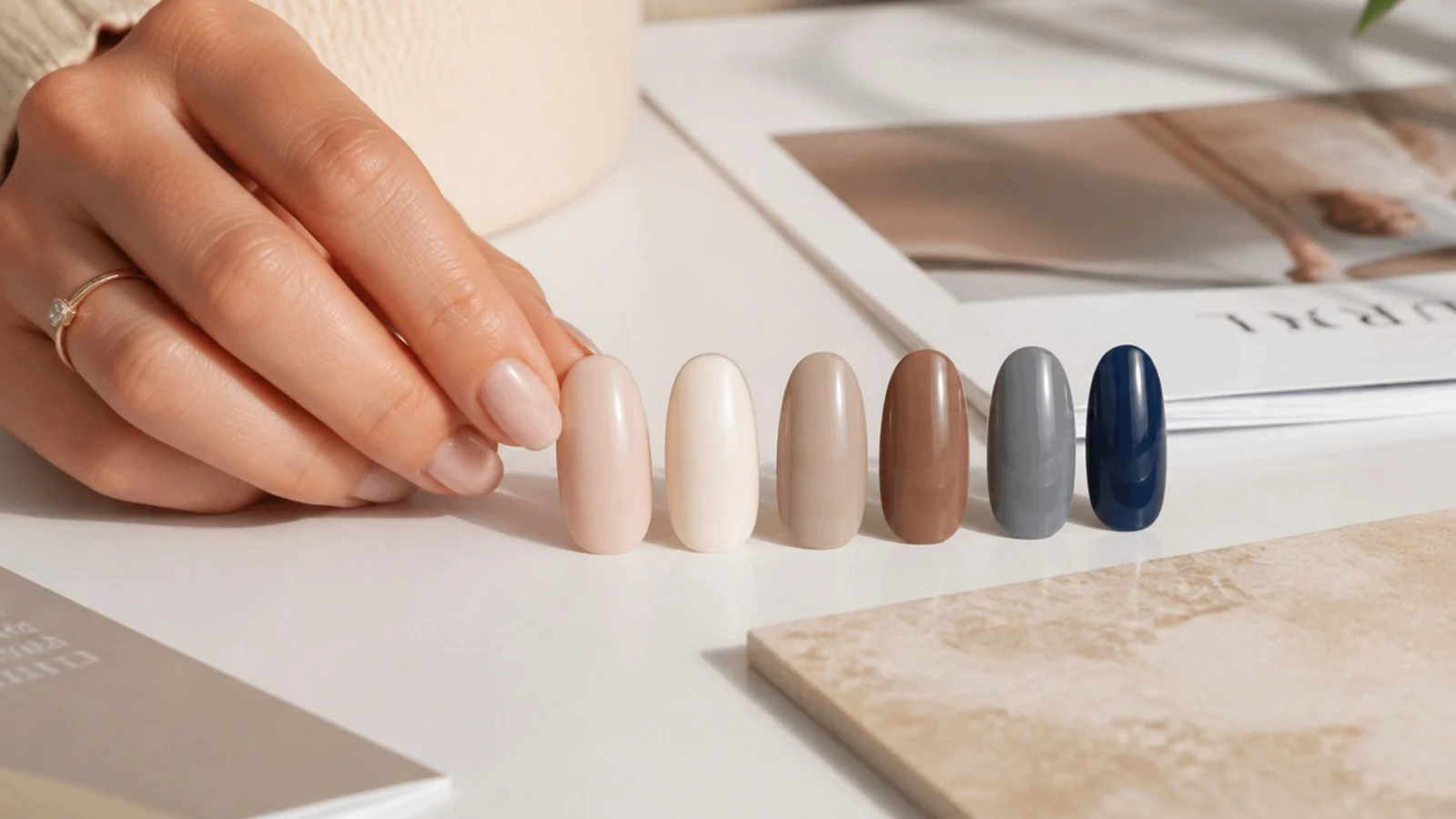 Six nail swatches in milky nude, ivory, taupe, mocha, gray and navy laid out on a desk