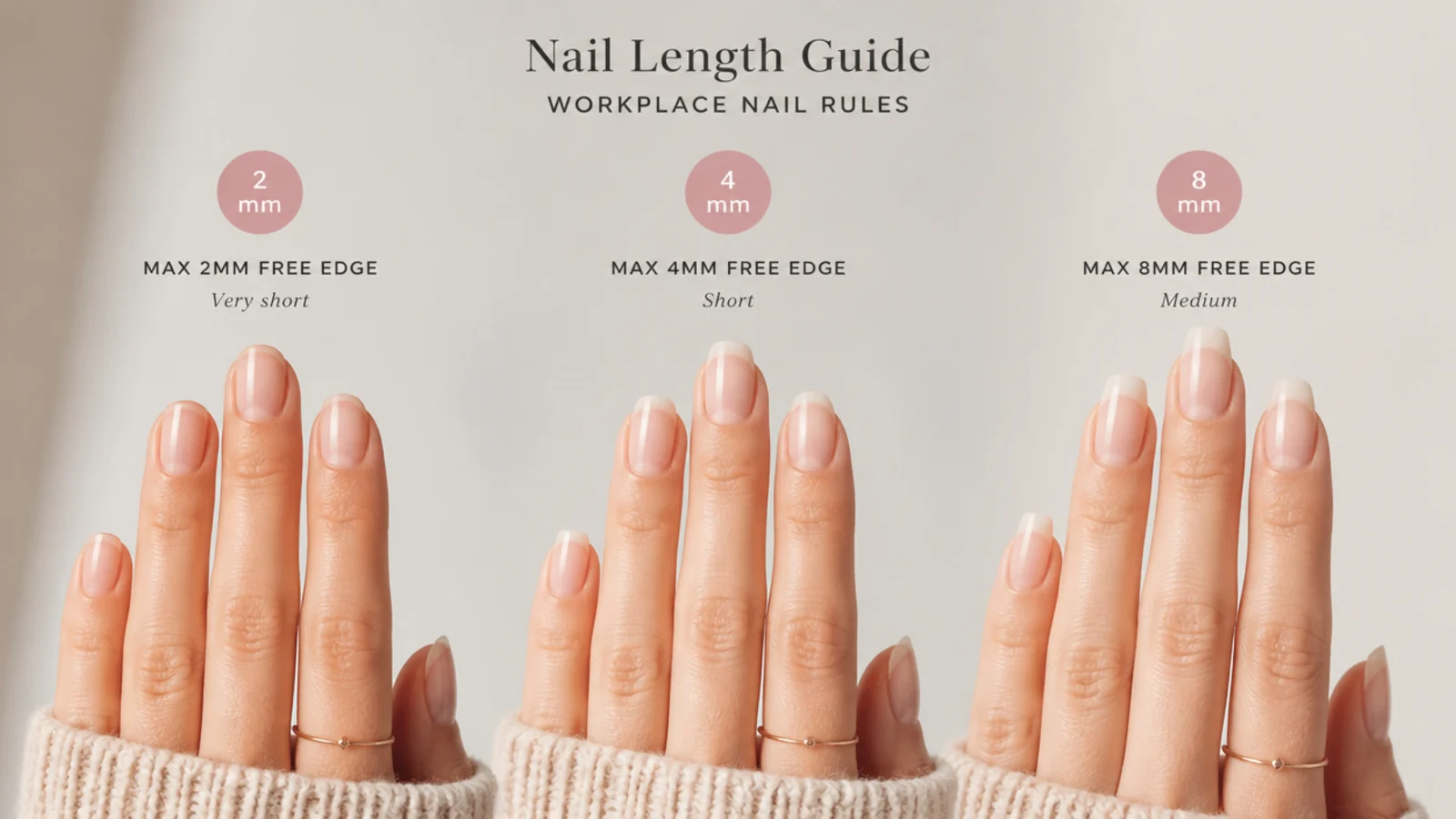 Three hands compared showing 2mm, 4mm and 8mm free edge lengths for workplace nail rules