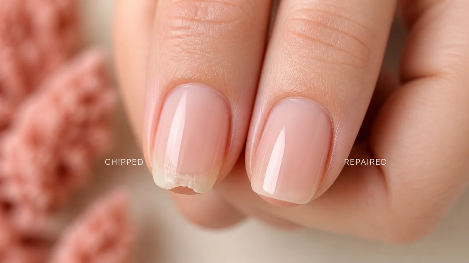 Close-up of a chipped nude nail tip beside a repaired glossy one for comparison