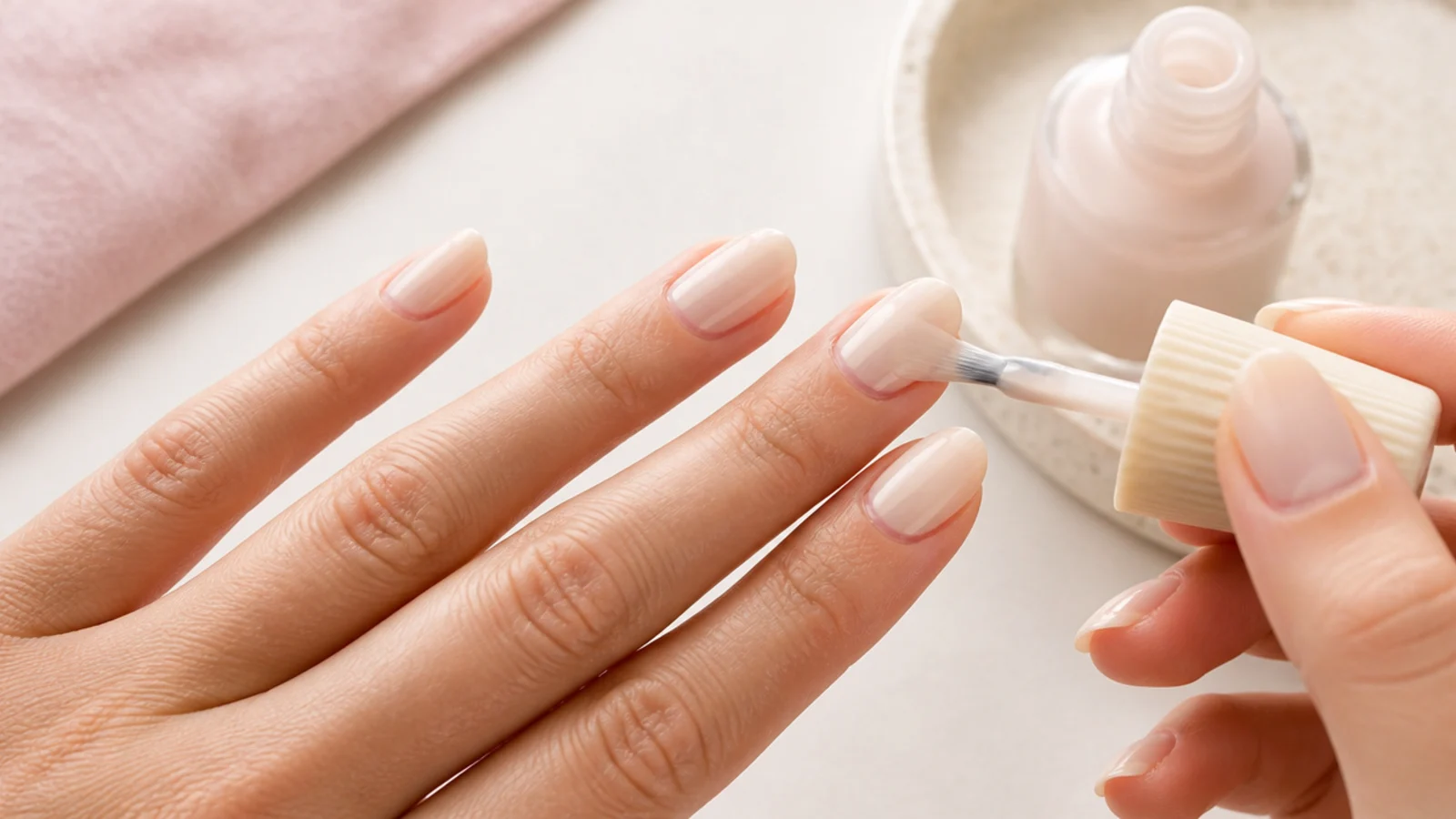 Short almond nails being painted with a sheer milky beige polish over a clean prepped nail plate