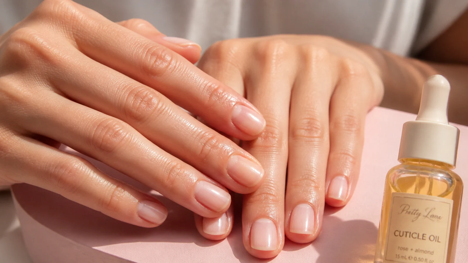 Cuticle oil being massaged into short nude nails during a mid-week manicure touch up