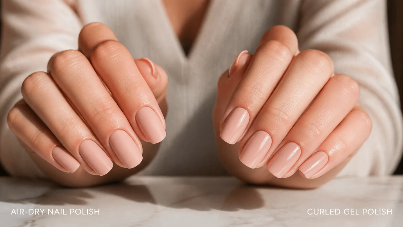 One hand in air-dry nude polish beside one hand in cured gel nude showing the shine difference