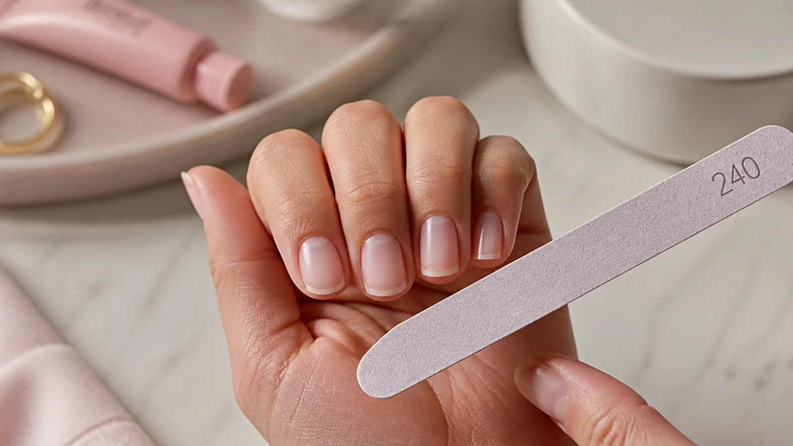 Bare short nails being filed to a soft squoval shape with a 240 grit file before neutral polish