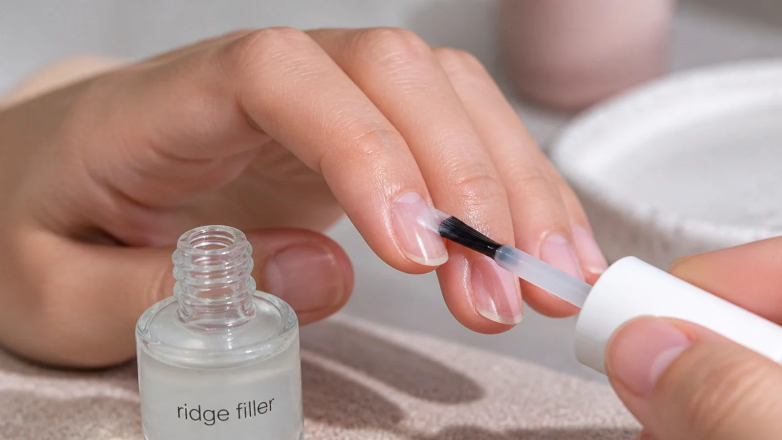 A clear ridge-filling base coat brushed onto a short natural nail with the free edge capped