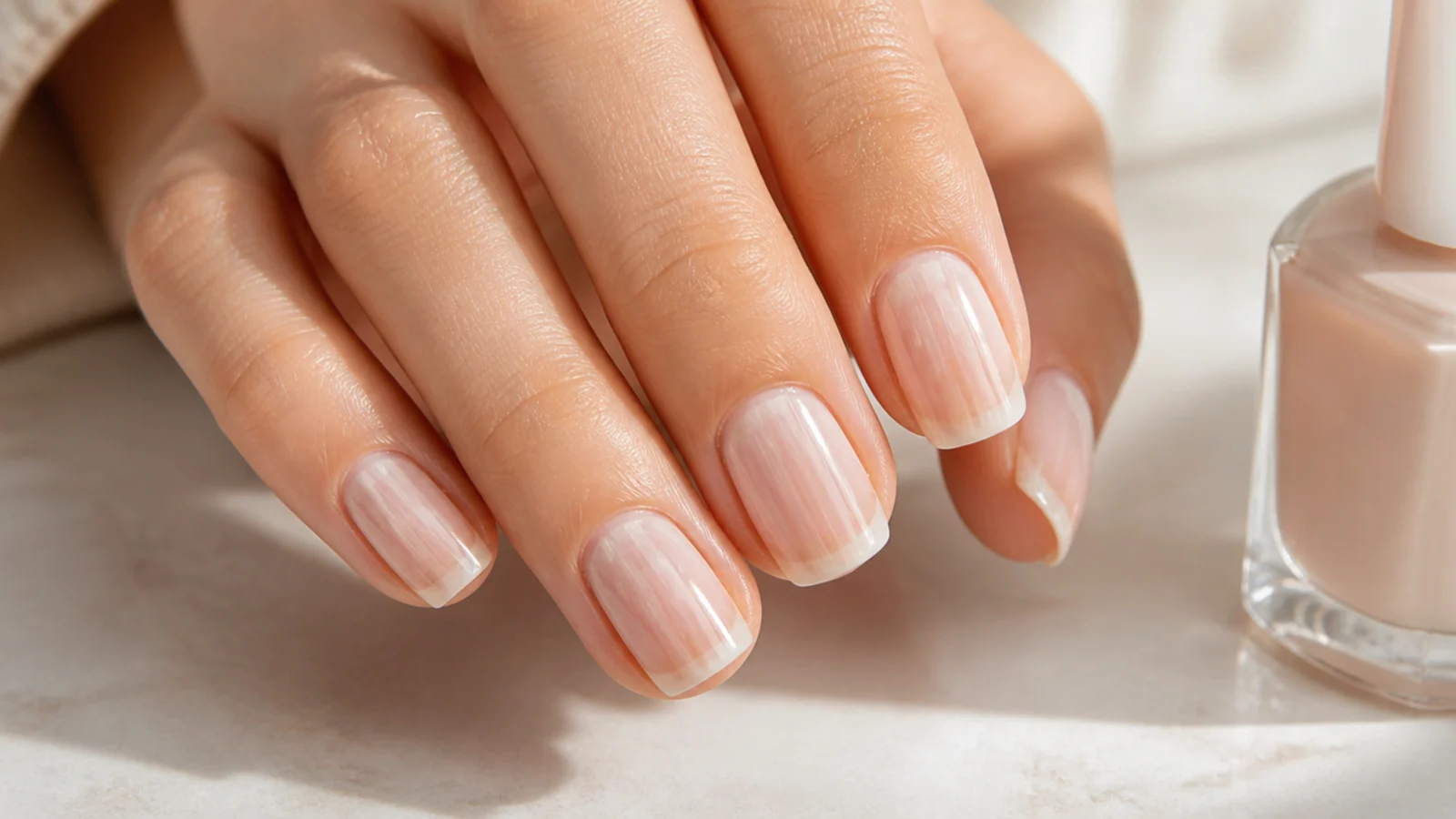 A thin first coat of milky beige polish looking deliberately patchy before the second coat