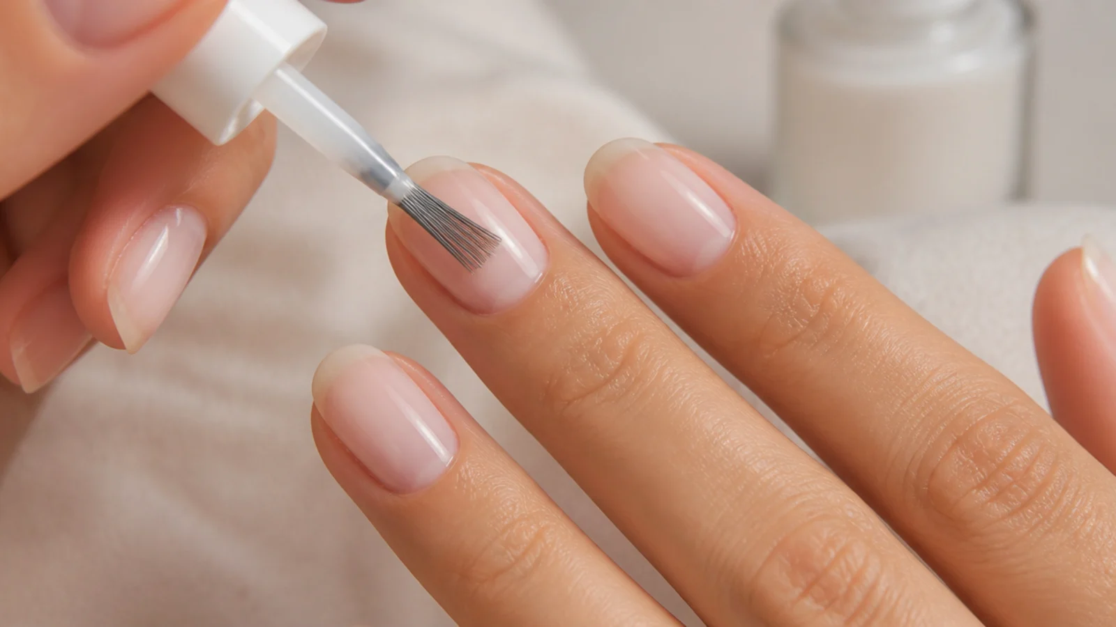 A nearly dry brush thinning a sheer milky white coat toward the cuticle for a glass-like finish