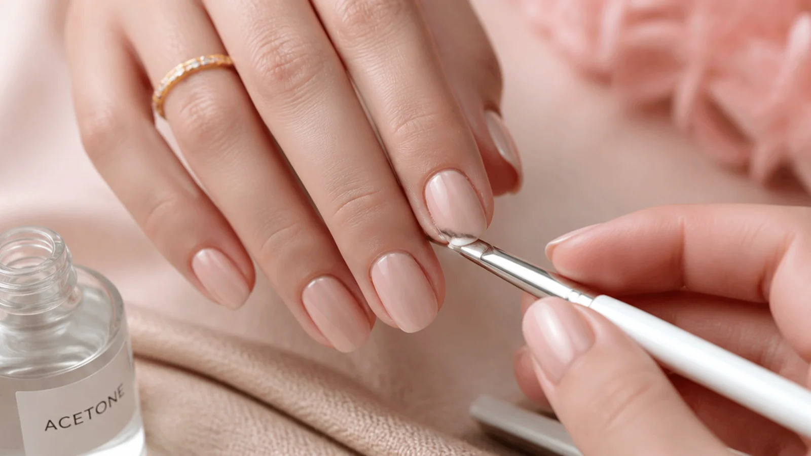 A flat clean-up brush dipped in acetone tracing the cuticle line of a freshly painted nude nail
