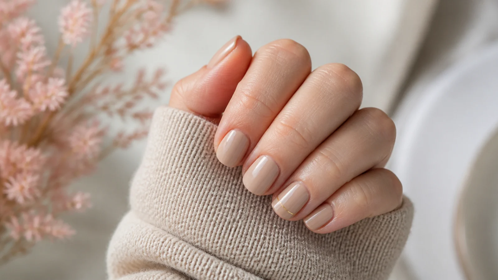 Short beige nails with a thin gold micro French line on one ring finger accent nail
