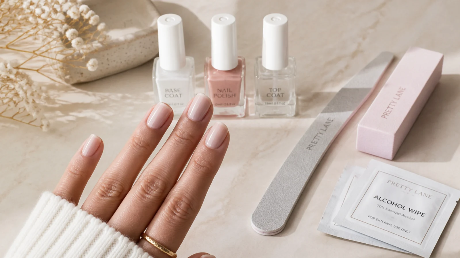A neutral manicure kit laid out with base coat, nude polish, top coat, file, buffer and alcohol wipes