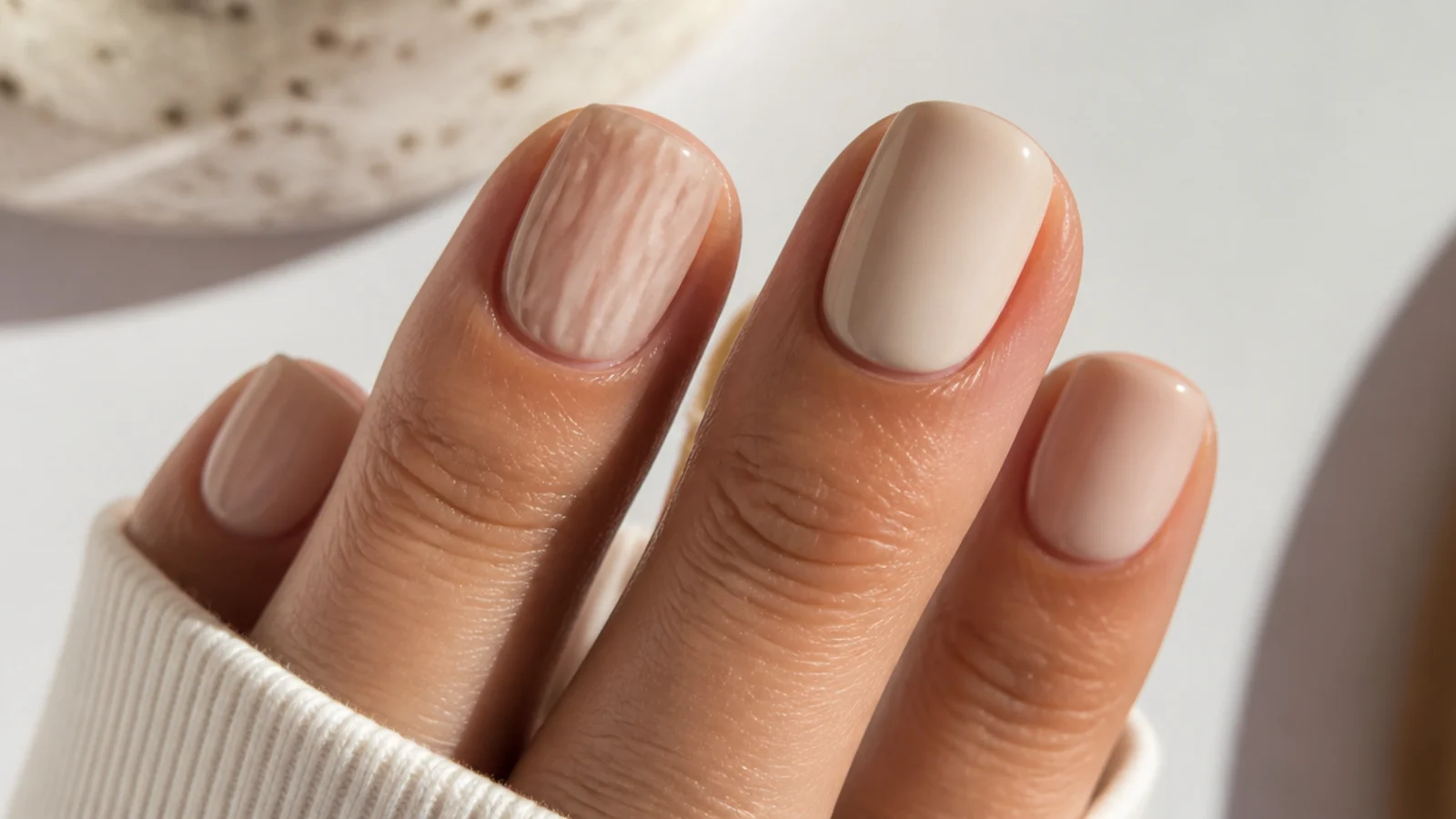 Close up comparing a bubbled streaky nude nail beside a smooth even neutral manicure