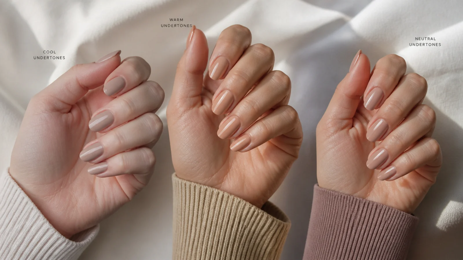 Three hands with cool, warm and neutral undertones each wearing a matched nude polish shade